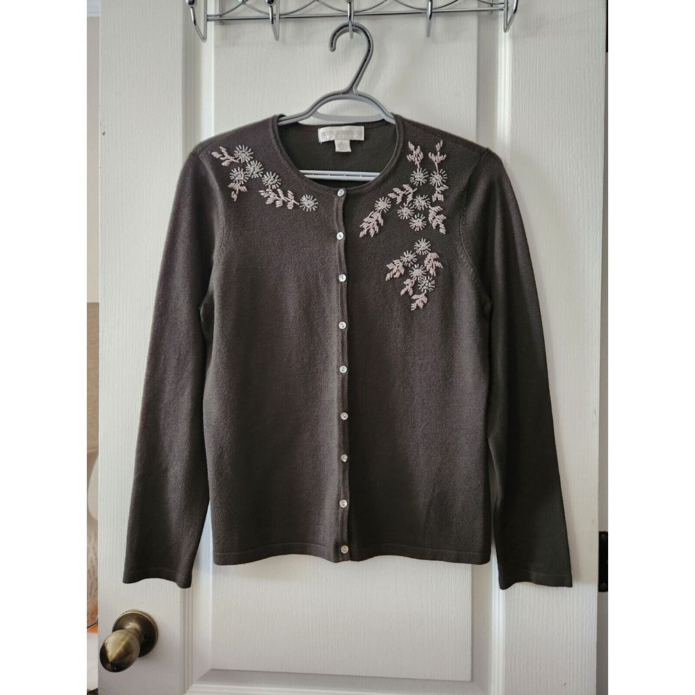Petite Sophisticates Knit Cardigan Green Sweater Button Up Hand Beaded Size S